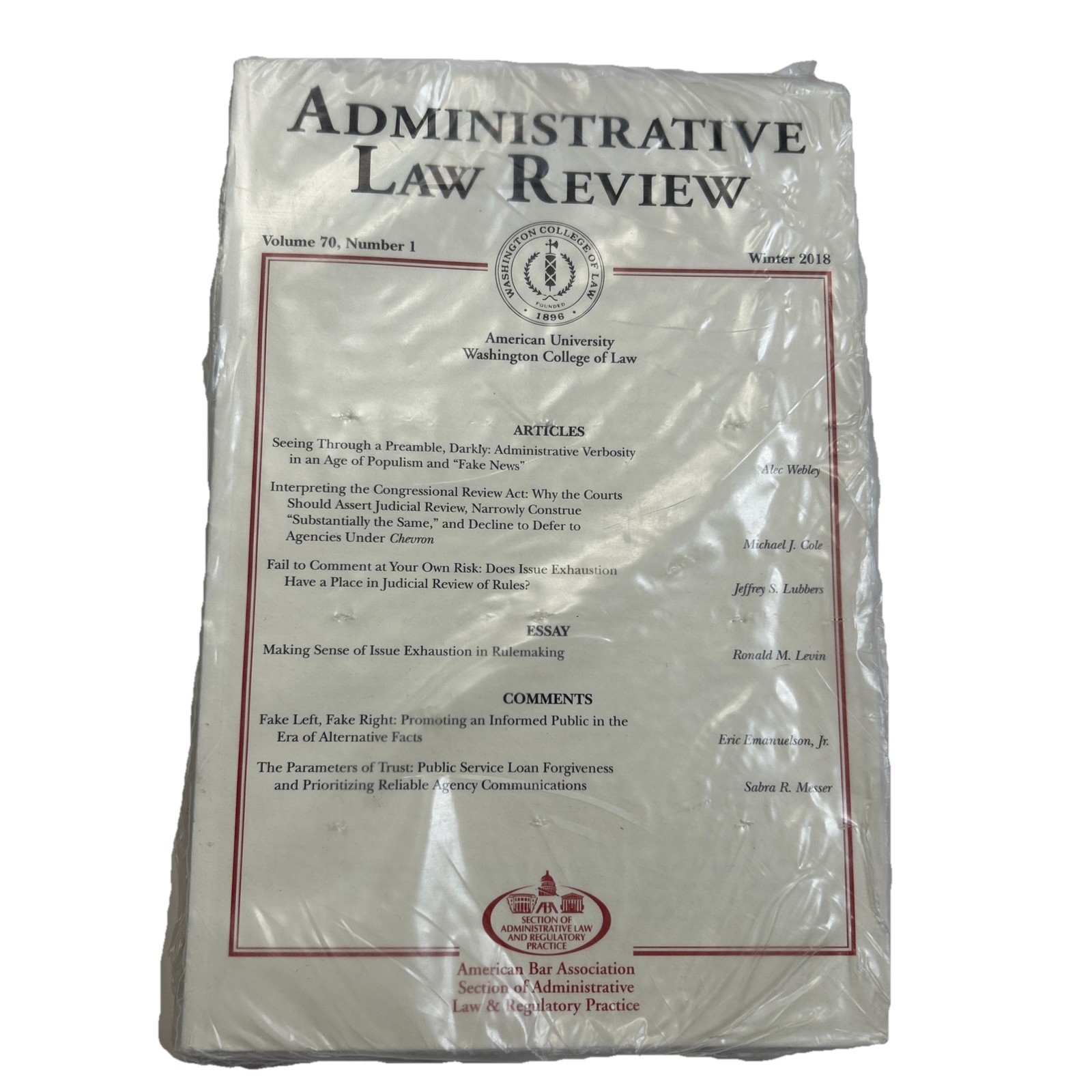 Administrative Law Review Volume 70 No. 1-Winter 2018- Brand New In Plastic