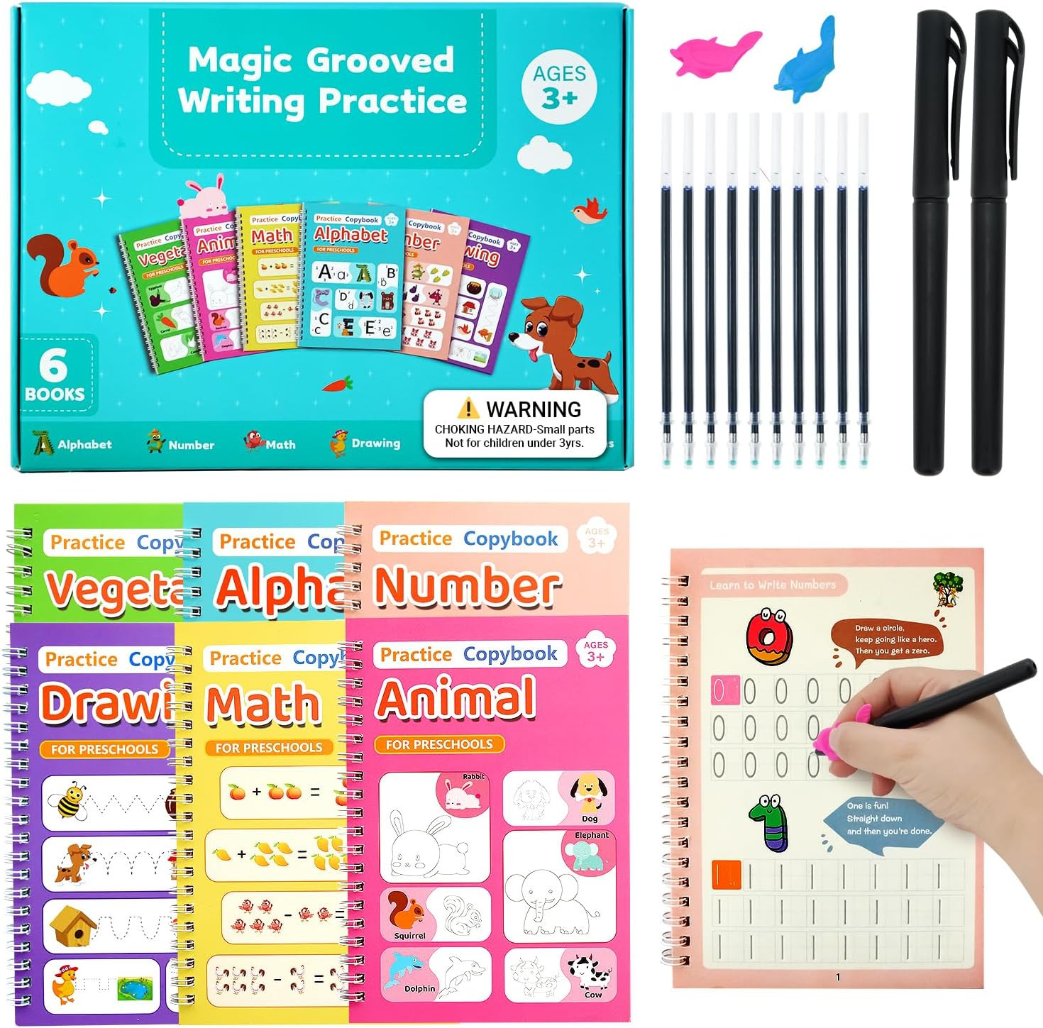 Magic Grooved Writing Practice Workbooks for Kids Ages 3–8, Reusable Set of 6