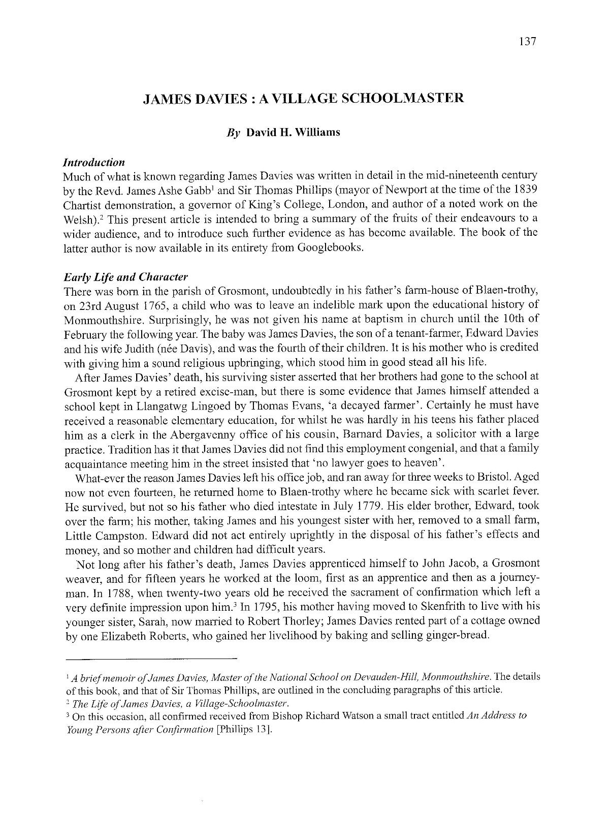 James Davies: a village Schoolmaster by D H Williams