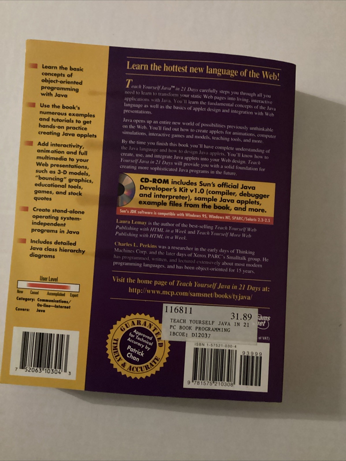 Teach Yourself Java in 21 Days by Laura Lemay (1996, CD-ROM / Trade Paperback)