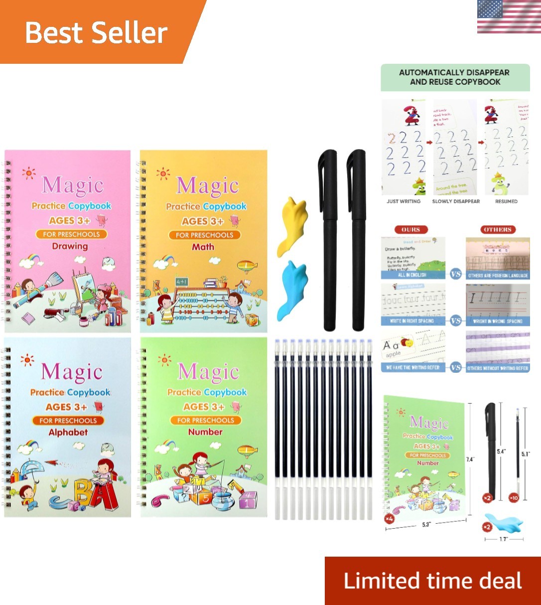 4PCS Kids Handwriting Practice Books – Comfort Grip and Reusable for Ages 3-5