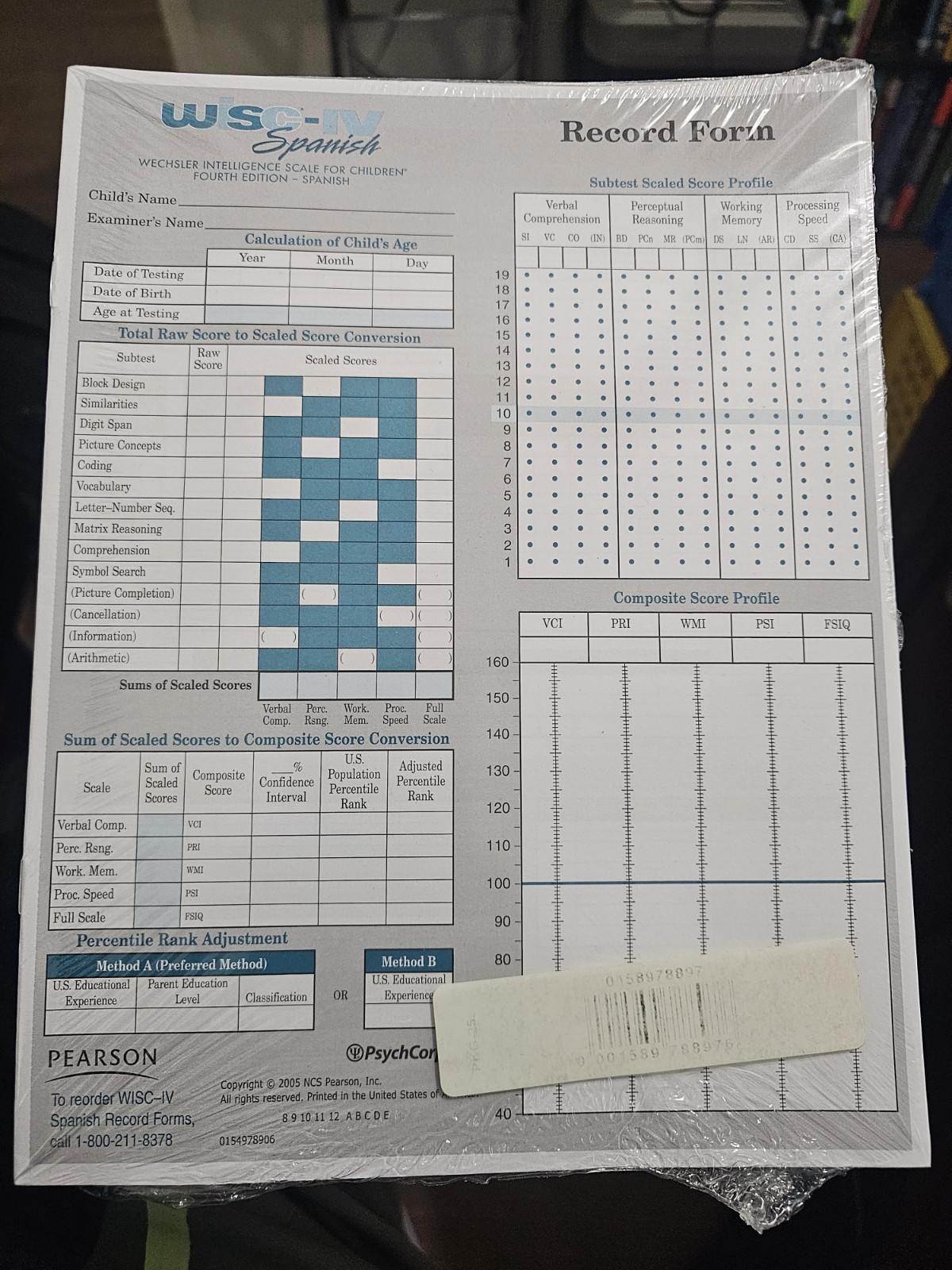 WISC-IV SPANISH Wechsler Intelligence Scale for Children Record Form pack of 25