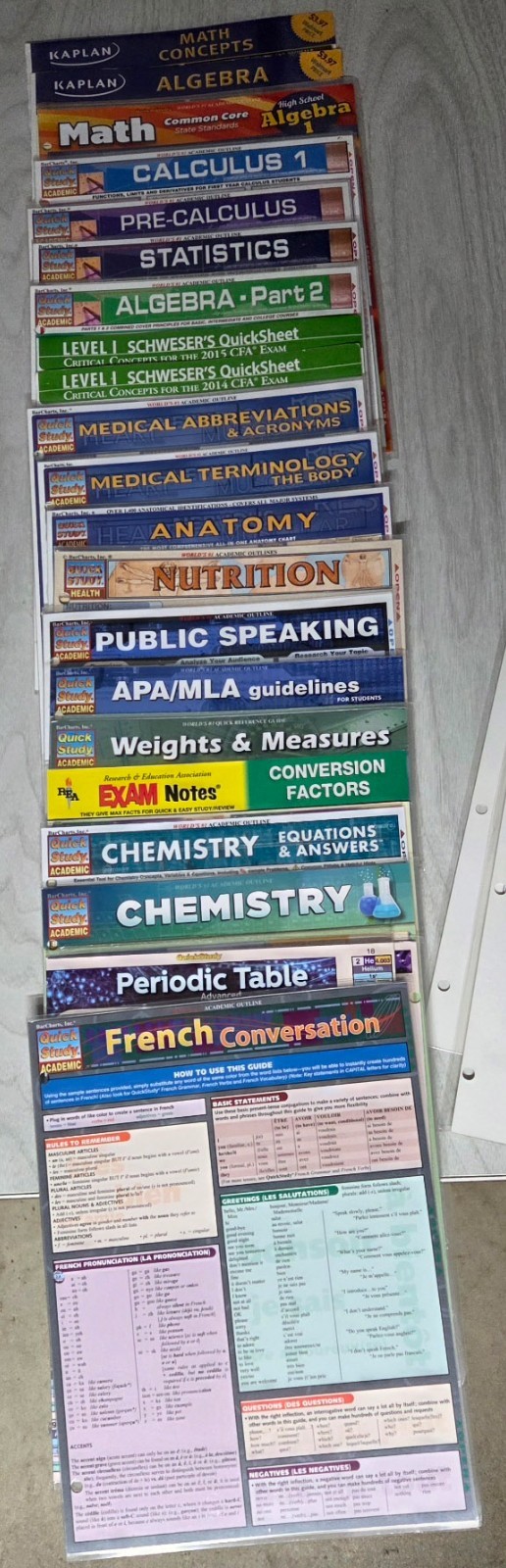 Mixed Lot Laminated Study Guides Math Chemistry Medical French QuickStudy Kaplan