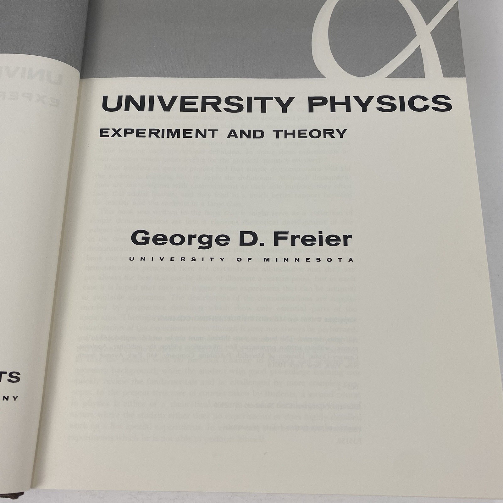University Physics: Experiment and Theory by G. D. Freier, 1965 First Edition