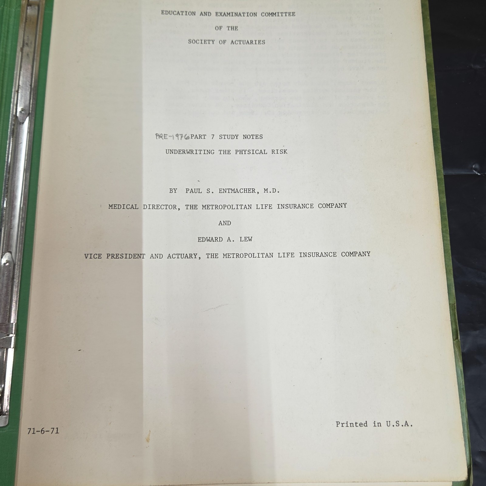 1971 Society of Actuaries Underwriting The Physical Risk Study Notes Insurance