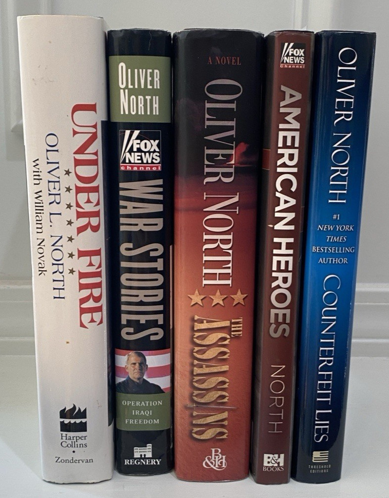 5 SIGNED Oliver North Under Fire, War Stories, Assassins, Heroes + 1 HC Books
