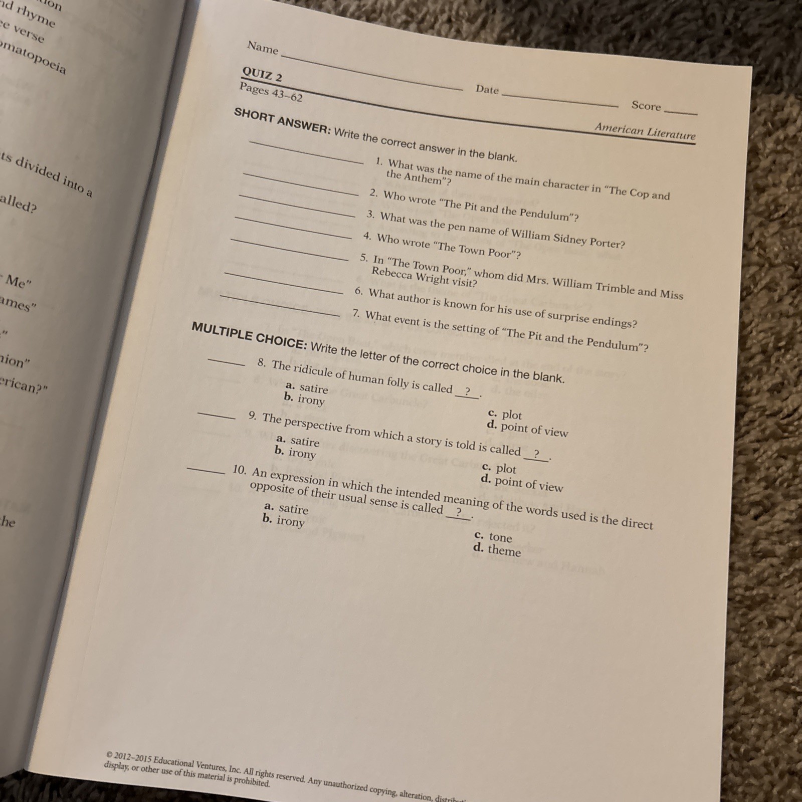 Abeka American Literature ~ Student Quizzes and Tests ~ 4th Edition