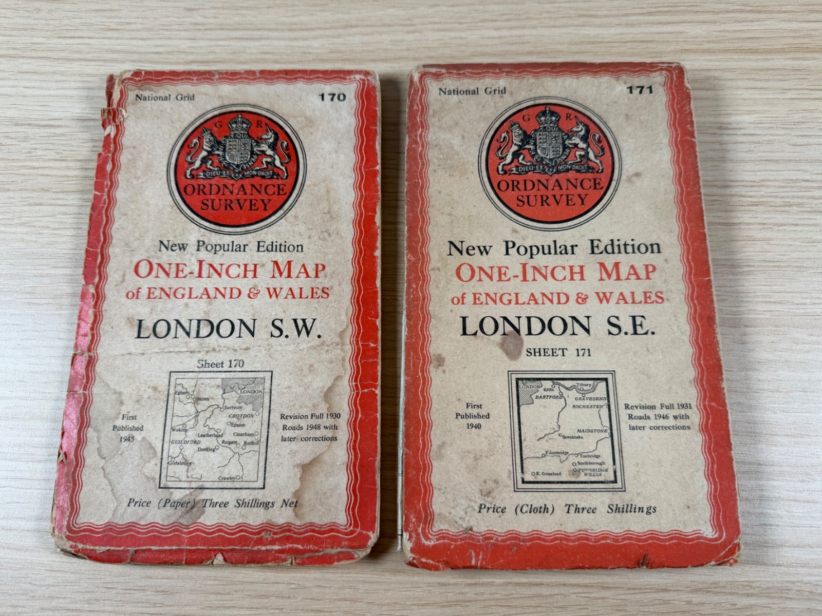 New Popular Edition 1″ London S.W and S.E 170 171 Ordinance Survey Maps c.1940s